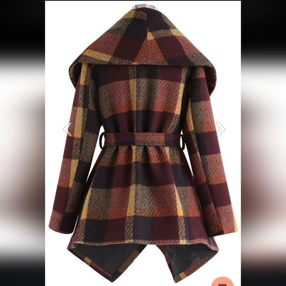 Chicwish Prairie Rabato Wrap Coat with Belt Wool Burgundy & Mustard Plaid - Picture 2 of 14